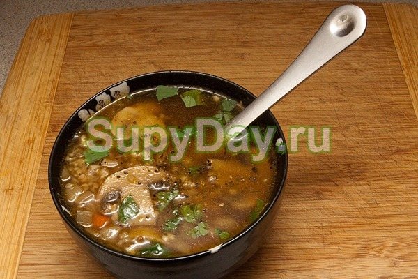 Грибной суп с мясом и гречкой