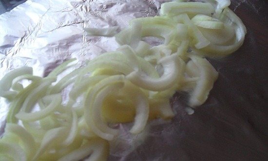 на фольгу выложить лук полукольцами