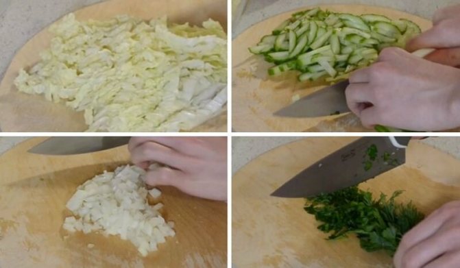 нарезаем капусту и огурец соломкой, лук кубиками, зелень измельчаем