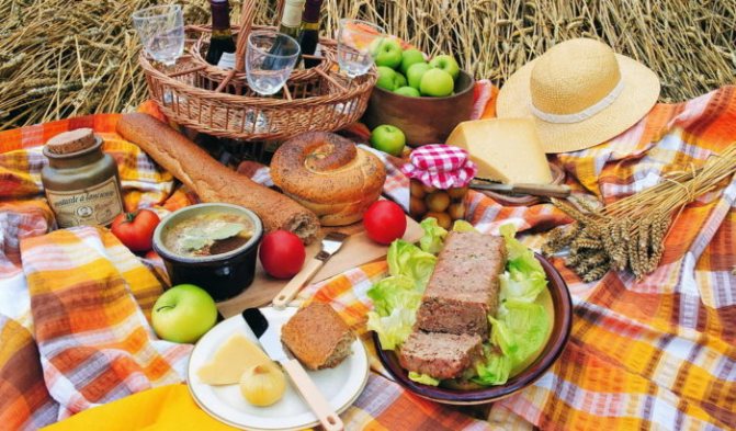 обеденные стол из продуктов, приготовленных дома в дорогу на автомобиле